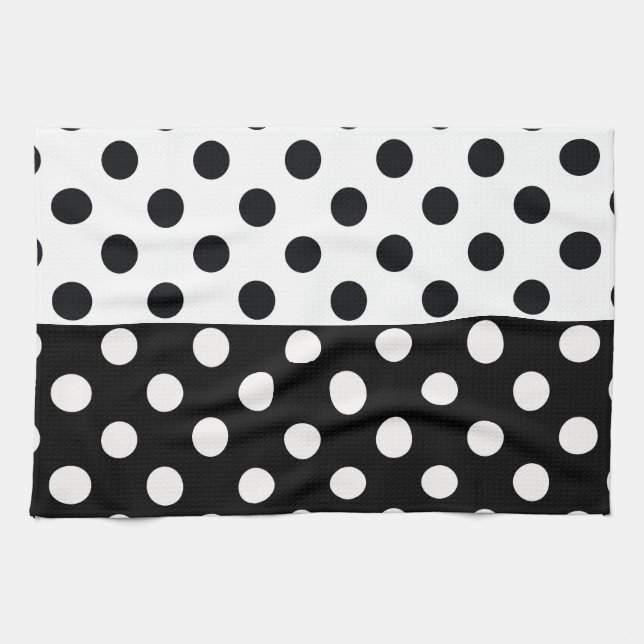 Black White Half Colour Split Inverse Polka Dots Tea Towel (Horizontal)