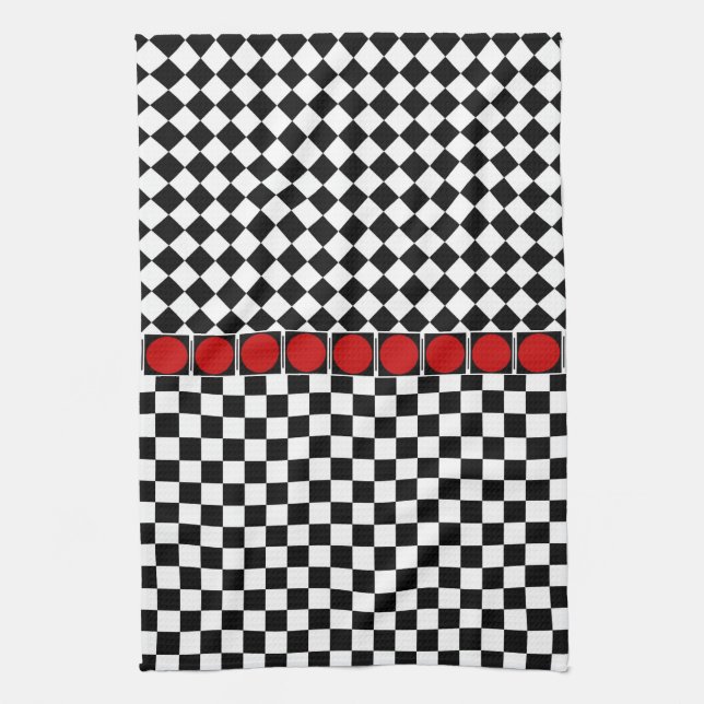 Black White Half Diamond Checkers Tea Towel (Vertical)