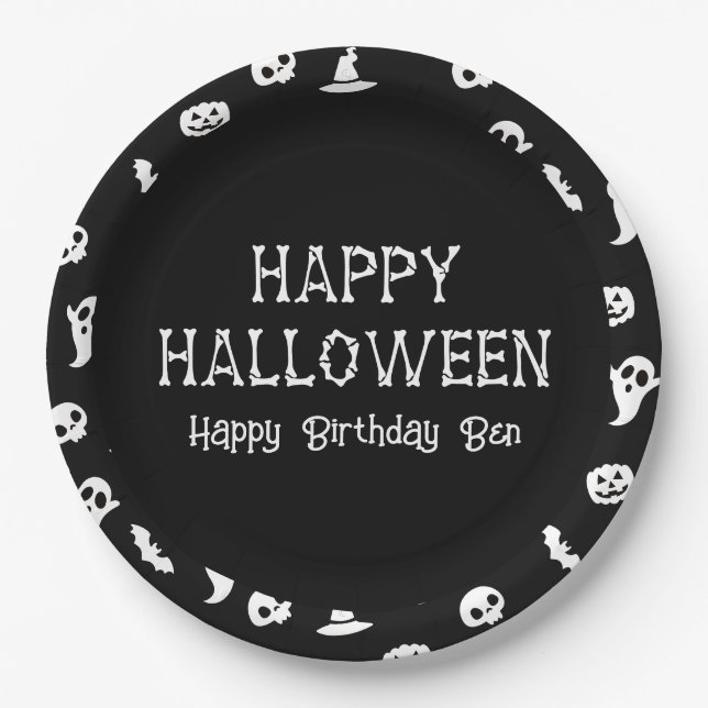 Black White Halloween Bats & Ghost Halloween Party Paper Plate (Front)