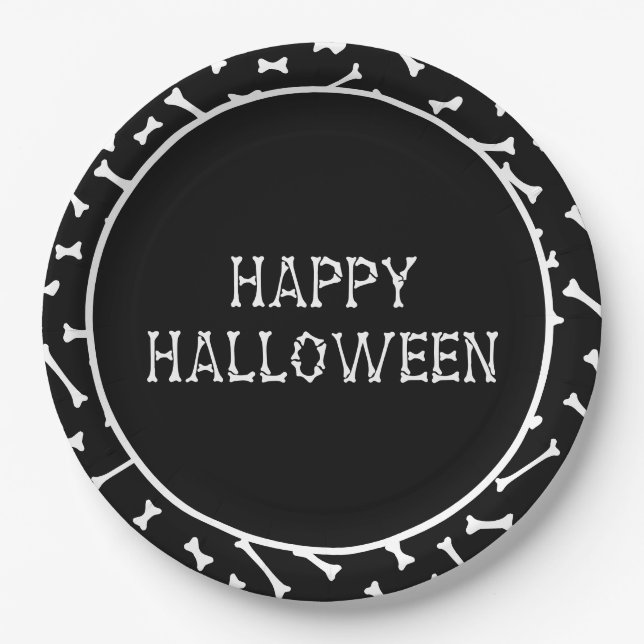 Black & White Halloween Bones & Bats Pattern Paper Plate (Front)