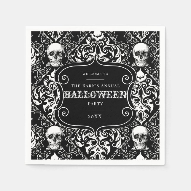 Black White Halloween Damask Skull Pattern Custom Napkin (Front)