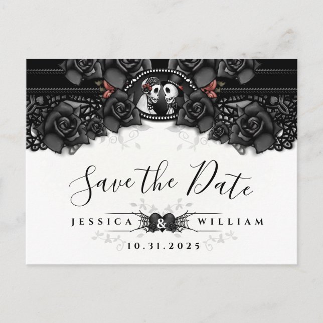 Black White Halloween Lace Wedding Skeletons Announcement Postcard (Front)