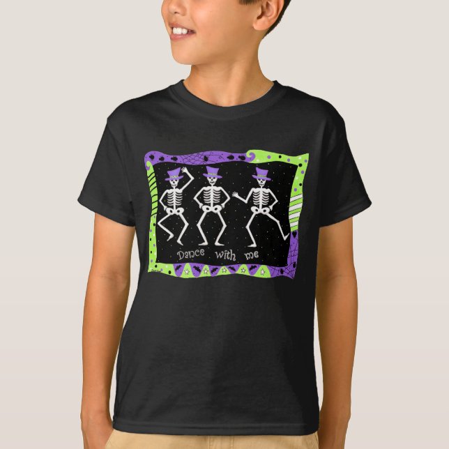 Black White Halloween Skeleton Bones Dance T-Shirt (Front)