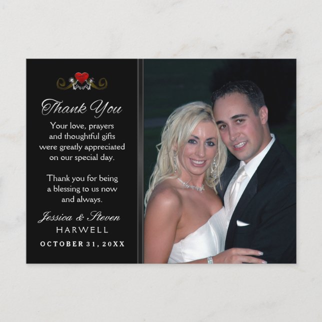Black & White Halloween Skeleton Wedding Thank You Postcard (Front)