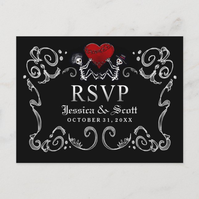 Black White Halloween Skeletons Heart Wedding RSVP Invitation Postcard (Front)