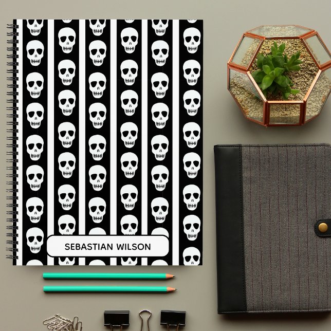 Black & White Halloween Skull Pattern Monogram Notebook (Creator Uploaded)