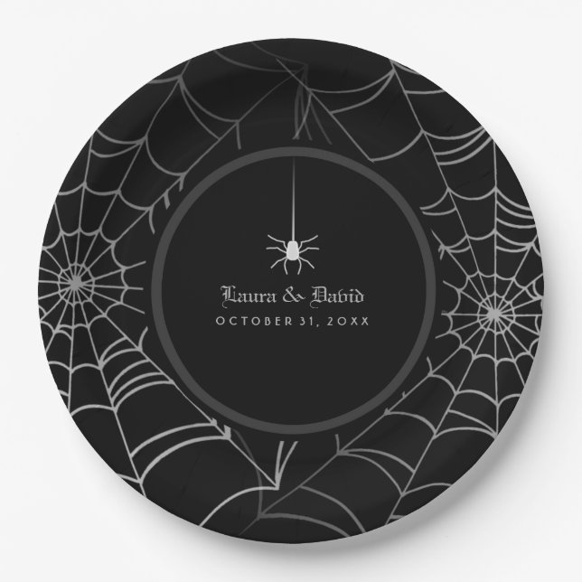 Black & White Halloween Spider Web Wedding Paper Plate (Front)