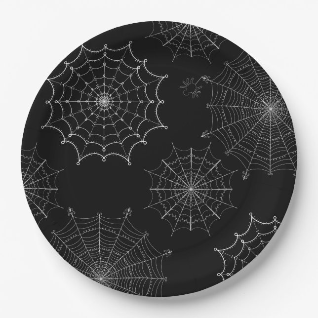Black & White Halloween Spider Webs Paper Plate (Front)