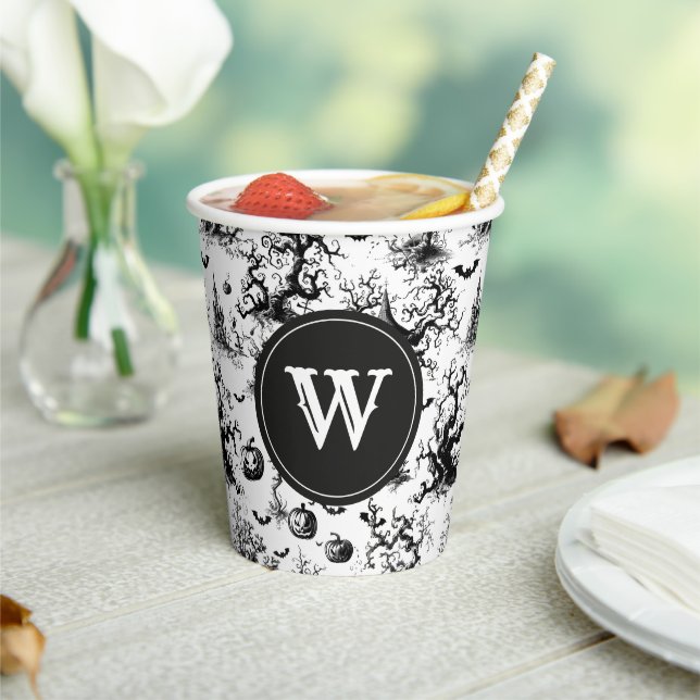 Black & White Halloween Toile Monogram Paper Cups (Insitu)