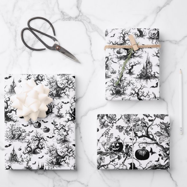 Black & White Halloween Toile Wrapping Paper Sheet (Front)