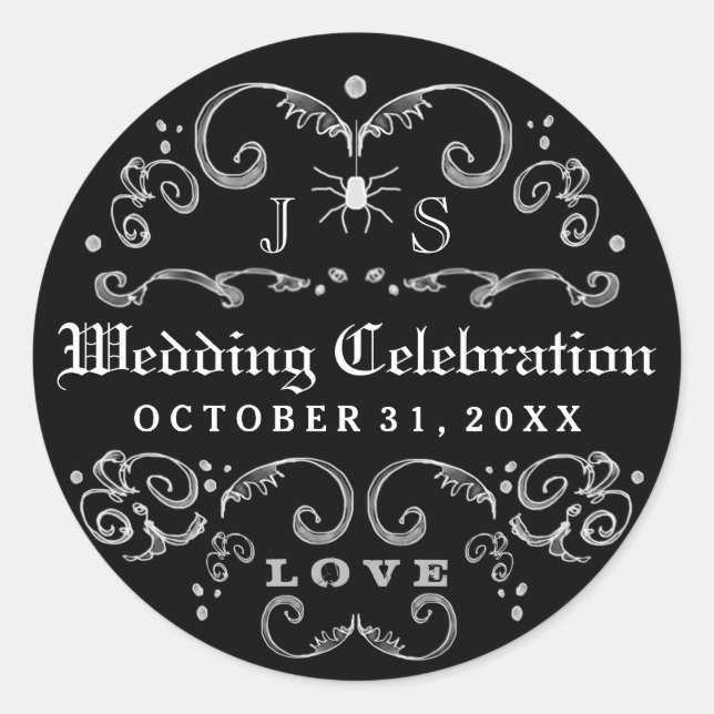 Black & White Halloween Wedding Celebration Gothic Classic Round Sticker (Front)