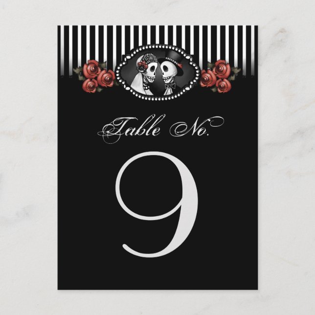 Black White Halloween Wedding Skeletons Red Floral Postcard (Front)