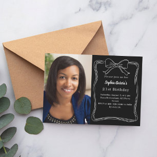 Black white hand-drawn bow photo birthday invitation