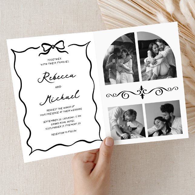 Black & White Hand Drawn Bow QR Code Photo Wedding Invitation (Creator Uploaded)