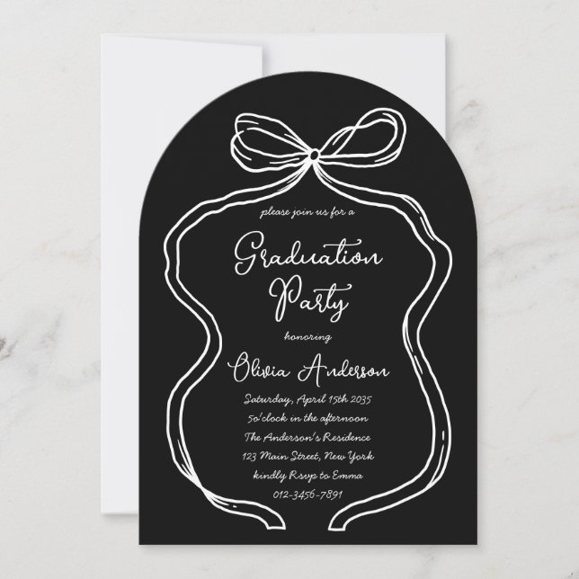 Black & White Hand Drawn Bow & Script Graduation Invitation (Front)