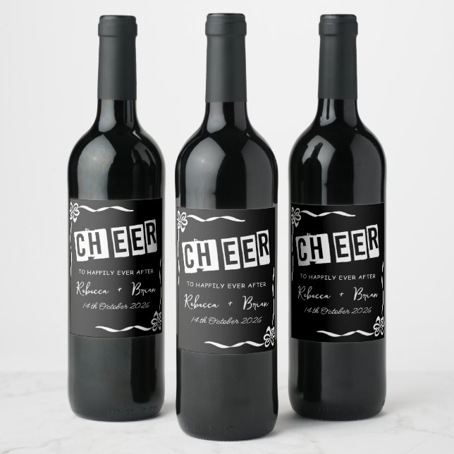 Black & White Hand Drawn Bow Sketch Wedding Wine Label (Bottles)