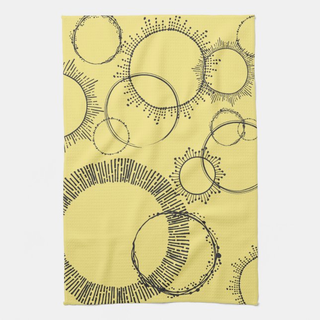 Black White Hand Drawn Circles Lines Starburst Tea Towel (Vertical)