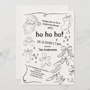 Black & White Hand Drawn Doodle Christmas Party Invitation