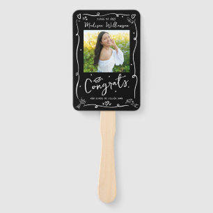 Black White Hand Drawn Doodle Graduation 2 Photo Hand Fan
