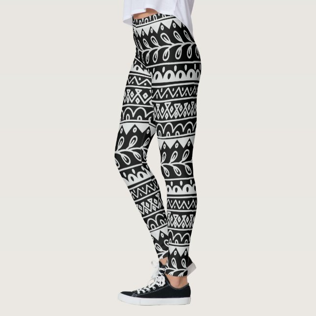 Black & White Hand Drawn Doodle Patterns in Rows Leggings (Left)