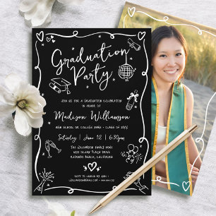 Black White Hand Drawn Doodle Photo Graduate Party Invitation