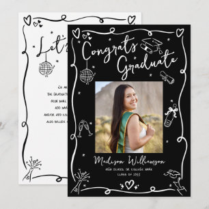Black White Hand Drawn Doodle Style Graduate Photo Announcement