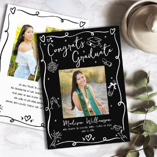 Black White Hand Drawn Doodles Graduation 4 Photo Announcement