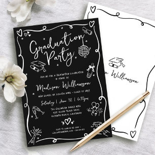 Black White Hand Drawn Doodles Graduation Party Invitation