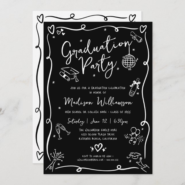 Black White Hand Drawn Doodles Graduation Party Invitation (Front/Back)