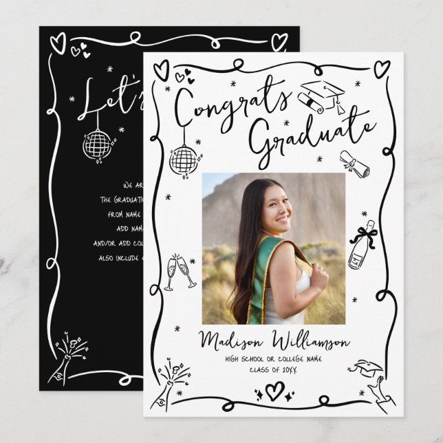 Black White Hand Drawn Doodles Graduation Photo Announcement (Front/Back)