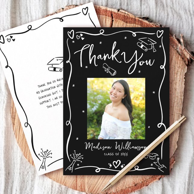 Black White Hand Drawn Doodles Photo Graduation Thank You Card (Creator Uploaded)