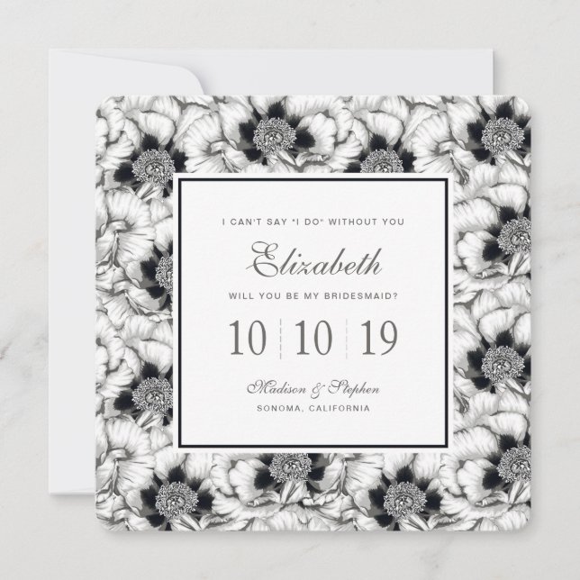 Black & White Hand Drawn Floral - Bridesmaid Invitation (Front)