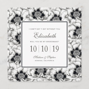 Black & White Hand Drawn Floral - Bridesmaid Invitation