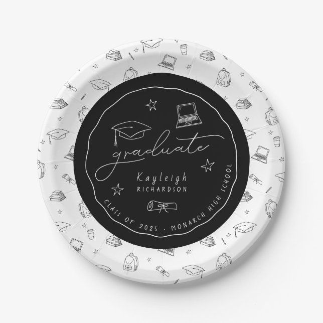Black White Hand Drawn Grad Party Paper Plate (Front)
