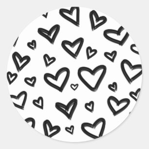 Black & White Hand-Drawn Painted Doodle Hearts Classic Round Sticker