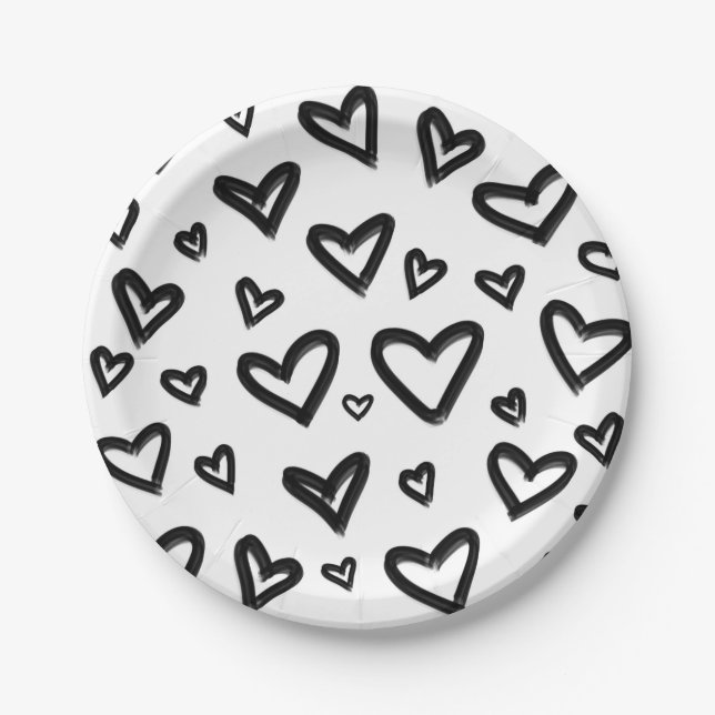 Black & White Hand-Drawn Painted Doodle Hearts Paper Plate (Front)
