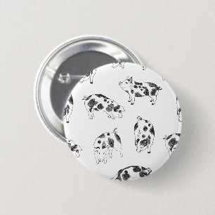 Black & white hand drawn pig cow spots pattern 6 cm round badge