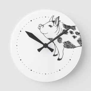Black & white hand drawn pig cow spots pattern round clock