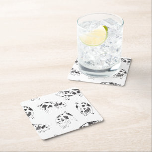 Black & white hand drawn pig cow spots pattern square paper coaster