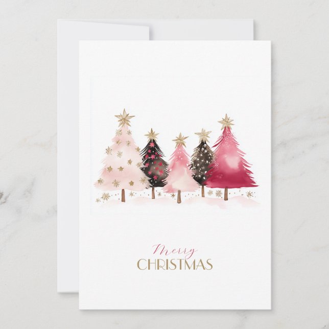 Black white hand-drawn pink trees Christmas Holiday Card (Front)
