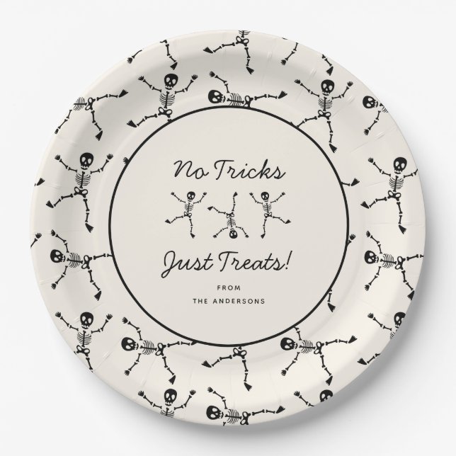 Black & White Hand Drawn Skeleton Halloween  Paper Plate (Front)