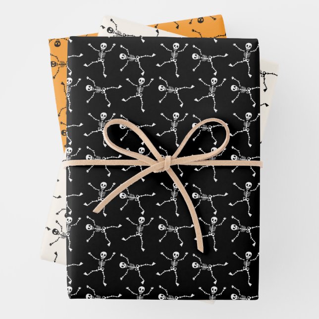 Black & White Hand Drawn Skeleton Halloween  Wrapping Paper Sheet (In situ)