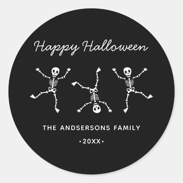 Black & White Hand Drawn Skeleton Happy Halloween Classic Round Sticker (Front)