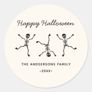 Black & White Hand Drawn Skeleton Happy Halloween Classic Round Sticker