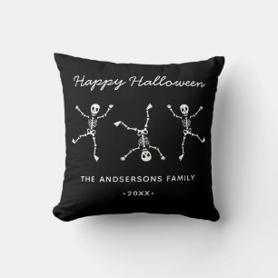 Black & White Hand Drawn Skeleton Happy Halloween Cushion