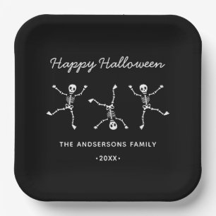 Black & White Hand Drawn Skeleton Happy Halloween Paper Plate