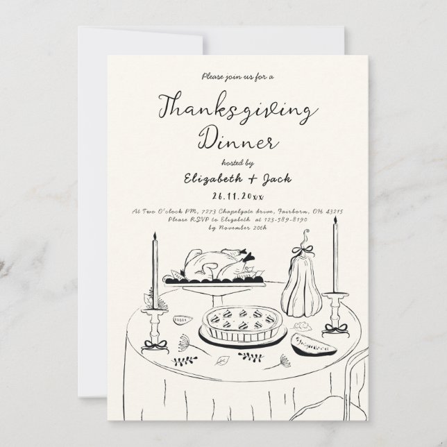 Black & White Hand Drawn Thanksgiving Dinner Invitation (Front)