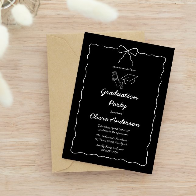 Black & White Hand Drawn Wavy Bow Graduation Party Invitation (Creator Uploaded)
