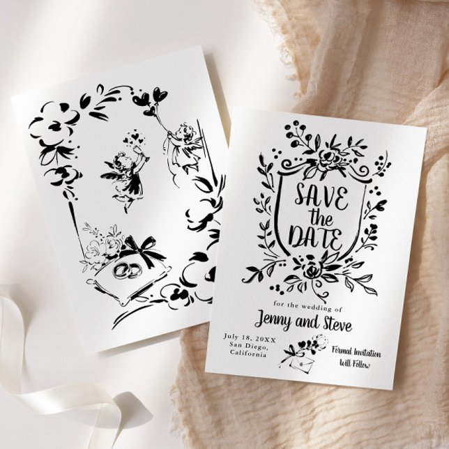 Black & White Hand Drawn Wedding Save The Date Invitation (Creator Uploaded)