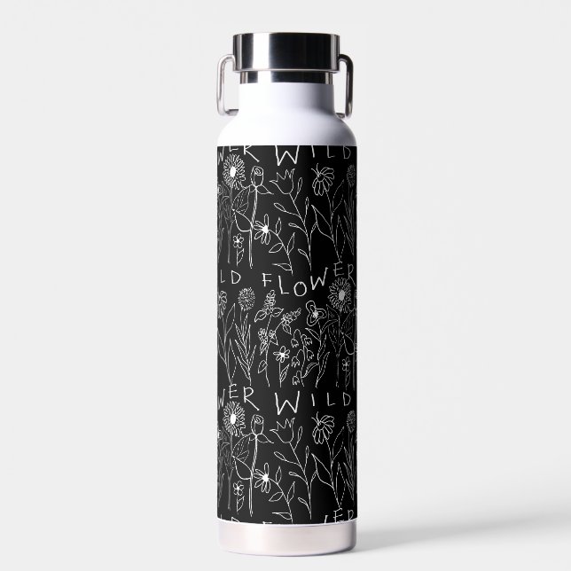 Black & White Hand-Drawn Wildflowers  Water Bottle (Front)